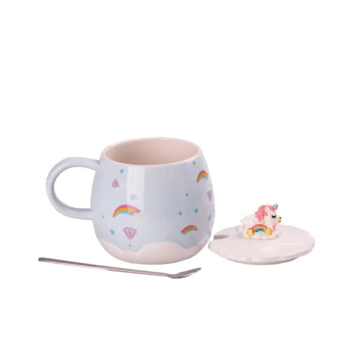 Чашка порцелянова Rainbow Ceramic Mug 400ml з кришкою і ложкою Блакитний HPCY8278BL