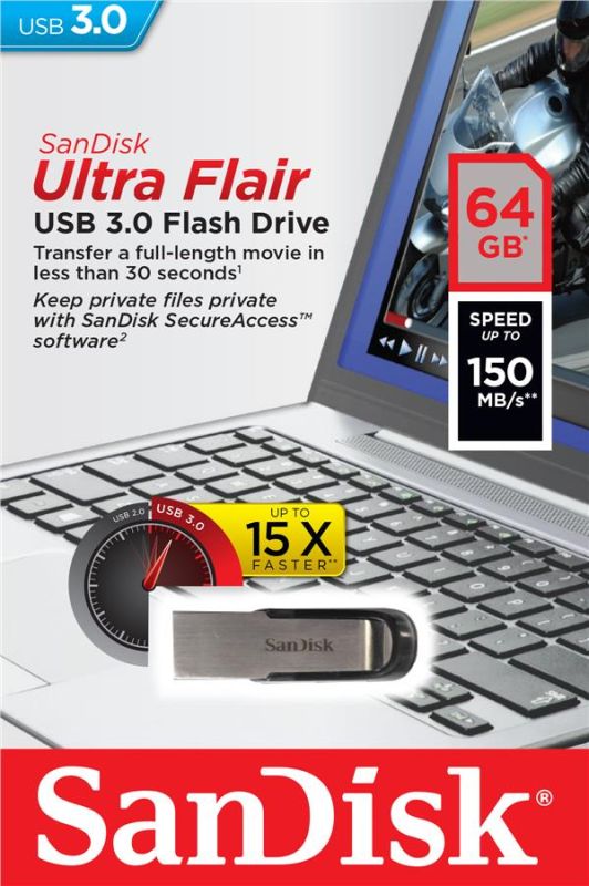 Накопитель SanDisk   64GB USB 3.0 Type-A Flair R150MB/s