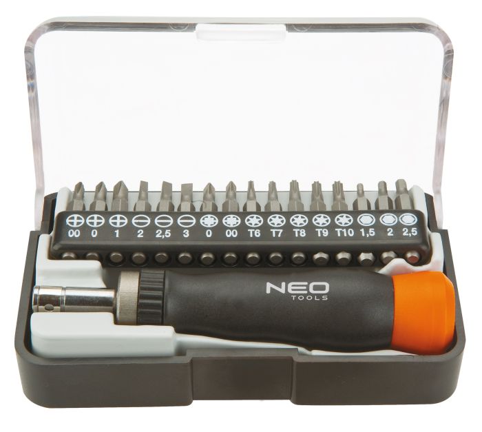 Биты Neo Tools, набор 17шт, 5/32", битодержатель, прецизионные, SL,PH,PZ,T,H, 30мм, CrV, кейс