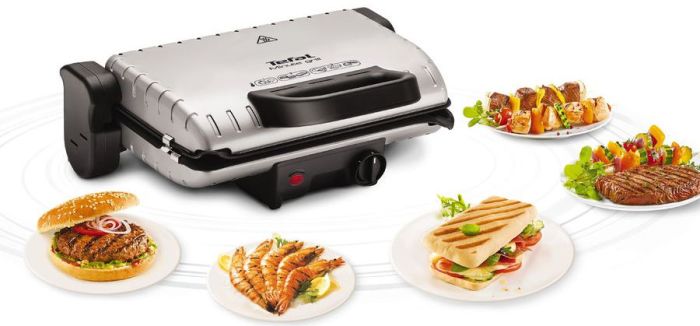 Гриль Tefal прижимной MinuteGrill 1600Вт, темп. режимов-3, съёмные пластины, раскрытие на 180°, металл