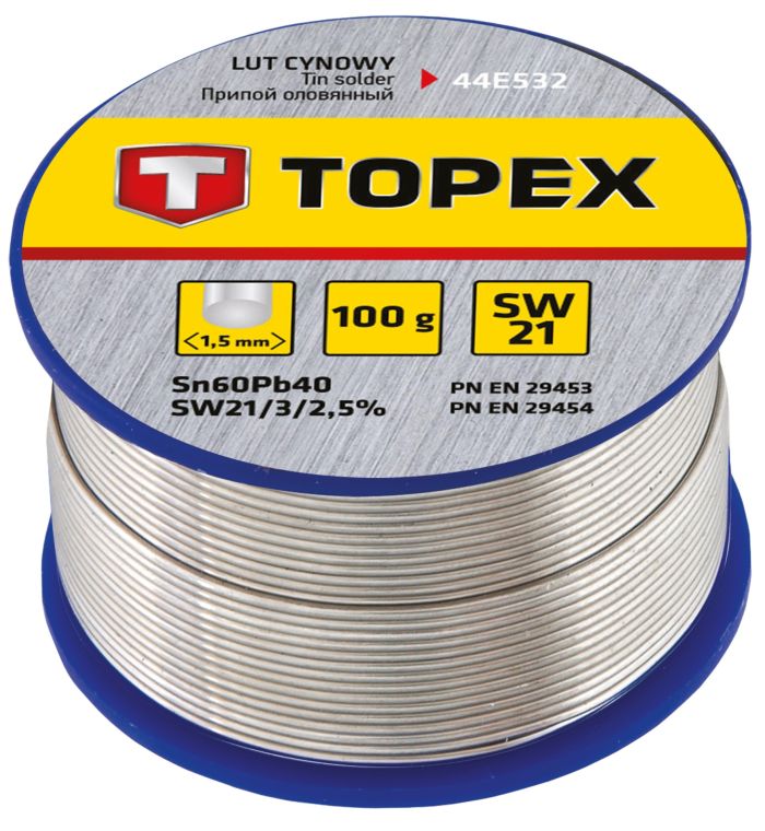 Припій олов'яний TOPEX Sn60Pb40 флюс SW21 дріт 1.5мм 100гр