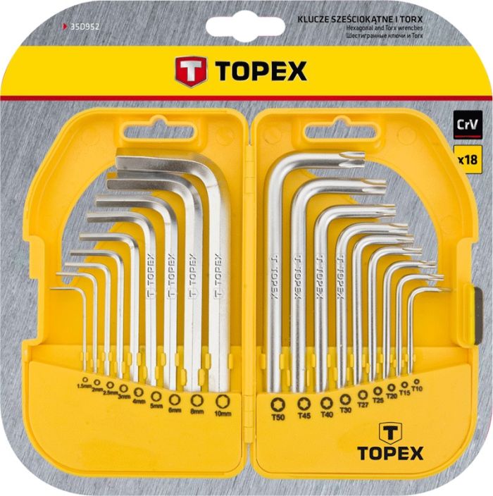 Ключи шестигранные и Torx TOPEX, набор 18шт, CrV, 1.5-10мм, T10-T50