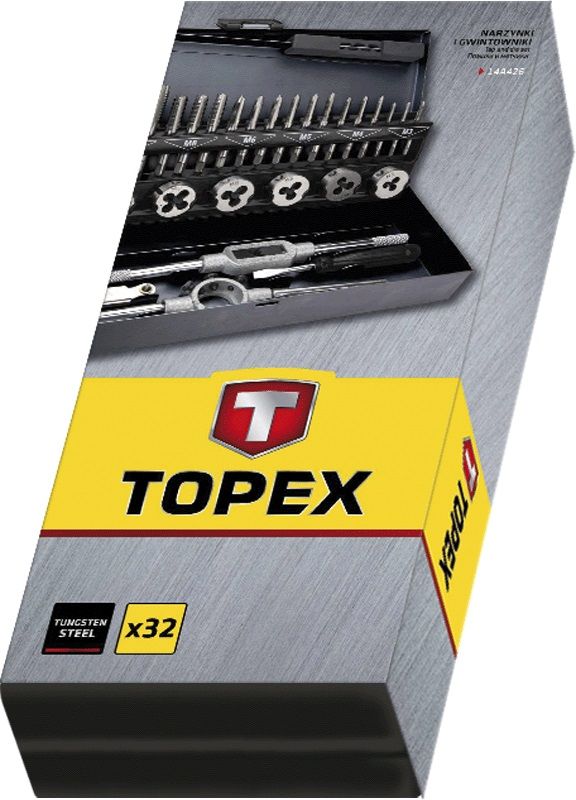Плашки и метчики TOPEX, набор 32шт, M3-M12, шаг резьбы 0.5-1.75мм, вольфрамовая сталь, металлический кейс