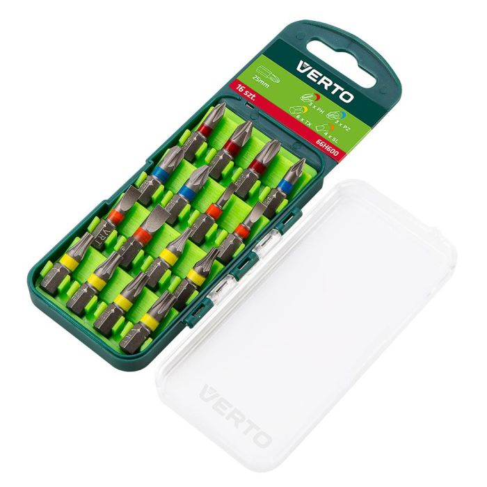 Биты Verto, набор 16шт, 1/4", SL,PH,PZ,TX, 25мм, CrV, кейс