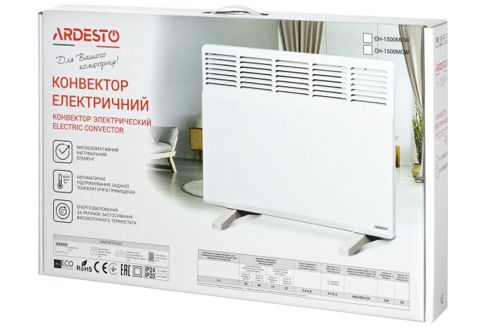 Конвектор ARDESTO, 15м2, 1500Вт, мех. упр-ние, закр. нагрев. элемент, белый