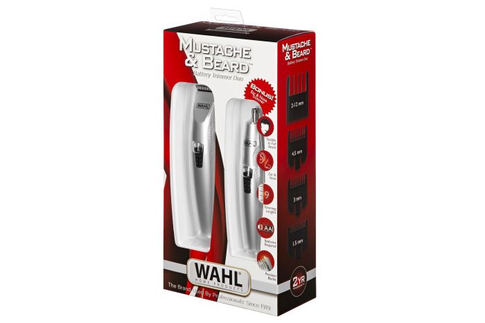 Триммер WAHL Mustache & Beard для бороды и усов, ААx3, роторный мотор, насадок-4, триммер дляя носа, подставка, сталь, серый