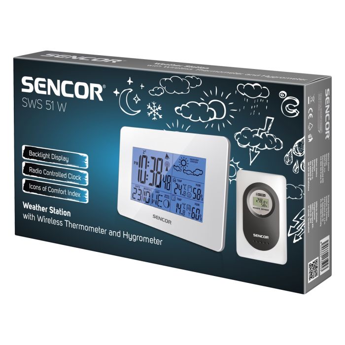 Метеостанция Sencor, внутр/наруж измерение, AAx3+AAAx2, темп-ра, влажность, время, прогноз погоды, белый
