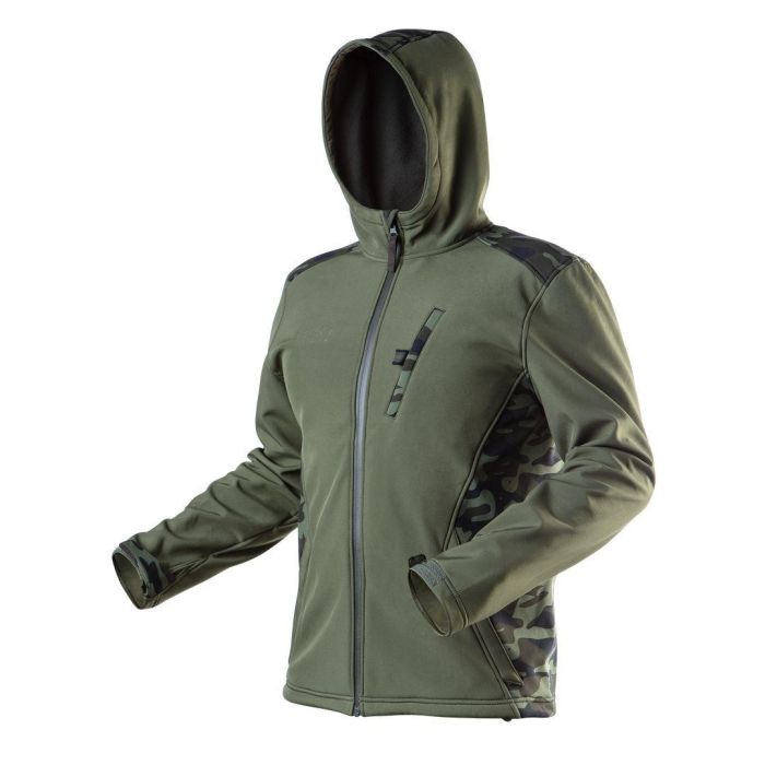 Куртка рабочая Neo Tools Camo, материал Softshell, подкладка флис, ветро и водонепроницаемая, капюшон, L(52), оливковый