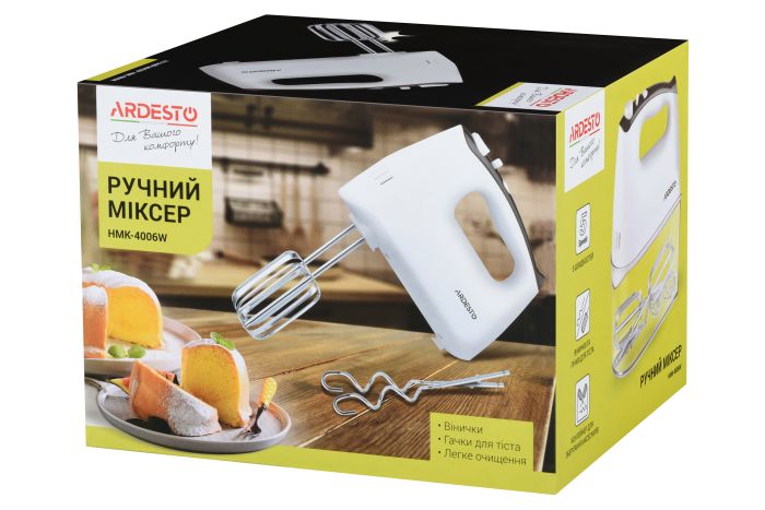Миксер Ardesto ручной 400Вт, насадки-4, турборежим, белый