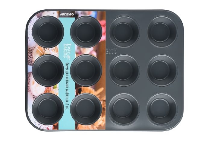 Форма для выпечки маффинов ARDESTO Tasty baking, 35х26.5х3см, 12шт, углеродистая сталь, серо-голубой