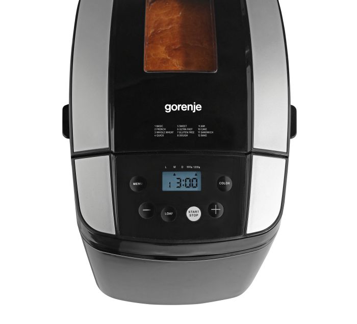 Хлібопічка Gorenje 800Вт, програм-1.2, макс.вага -1.2кг, форма прямокутник, пластик, чорний