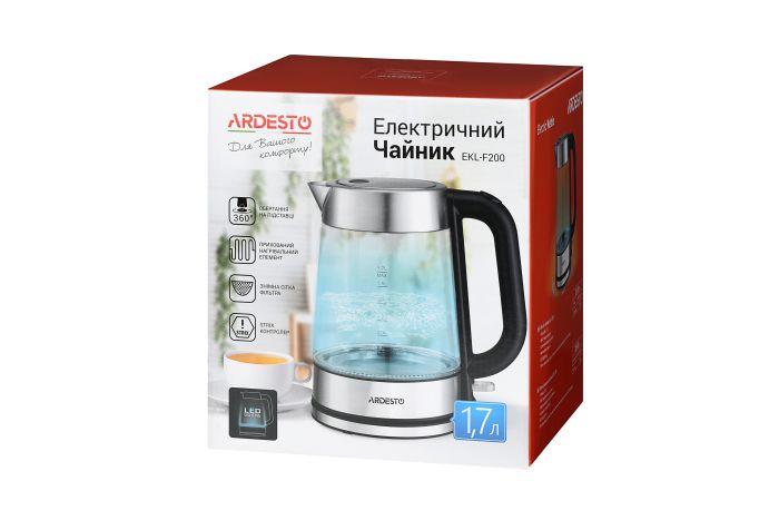 Электрочайник Ardesto 1.7л, Strix, стекло, серебристо-черный
