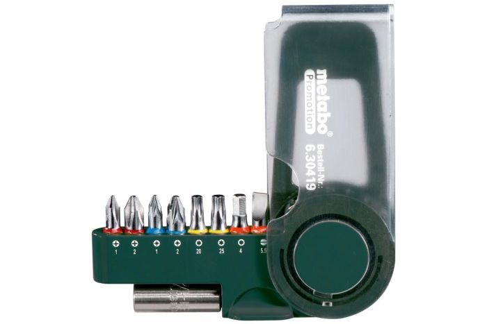 Биты Metabo Promotion, набор 9шт, 1/4", магнитный битодержатель, SL,PH,PZ,H,T, 25мм, сталь S2, кейс