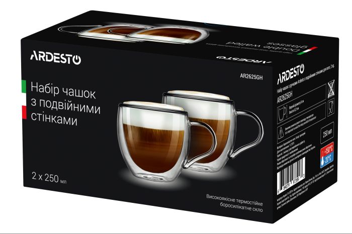 Набор чашек с ручками с двойными стенками Ardesto, 250мл, 8.2см, 2шт, боросиликатное стекло, прозрачный