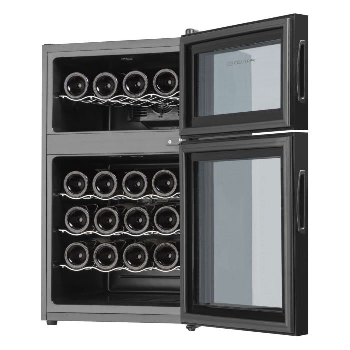 Холодильник Philco для вина, 74х43х52, холод.отд.-70л, зон - 2, бут-24, диспл, подсветка, металлич. полки, черный
