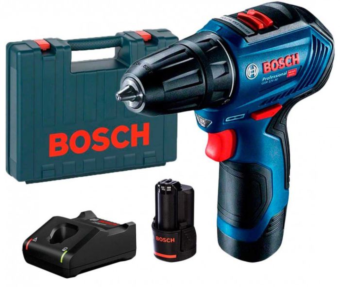 Шуруповерт-дрель аккумуляторный Bosch GSR 12V-30, 12В 2x2.0 Ач, 30Нм, 20+1, 420/1600об/мин, бесщеточный, 0.78кг, кейс