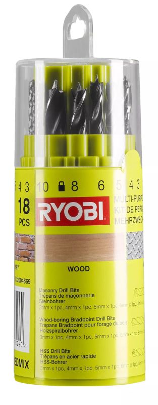 Набор сверл по металлу, дереву, камню Ryobi RAK18DMIX, 18шт
