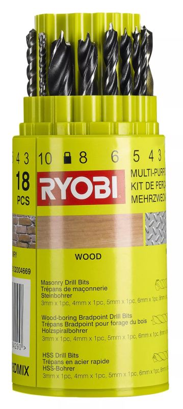 Набор сверл по металлу, дереву, камню Ryobi RAK18DMIX, 18шт