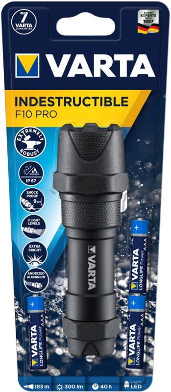 Фонарь Varta Ручной  Indestructible F10 Pro, 6 Ватт, IP67, IK08, до 300 люмен, до 183 метров, 3хААА