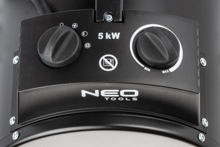Теплова гармата електрична Neo Tools, 5кВт, 100м2, 366м3/год, 380В, нагрів. елемент - нерж. сталь, IPX4, чорний, 6.44кг