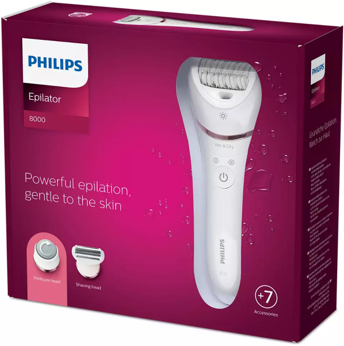 Эпилятор  Philips Epilator Series 8000 дисковый, аккумуляторный, пинцет.-32, влаж.+сух., насадок-5, бело-розовый