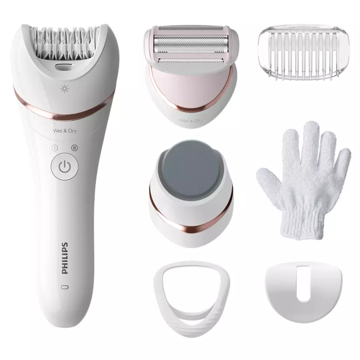 Эпилятор  Philips Epilator Series 8000 дисковый, аккумуляторный, пинцет.-32, влаж.+сух., насадок-5, бело-розовый