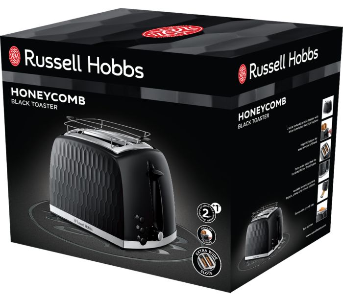 Тостер Russell Hobbs Honeycomb 850Вт, широкие слоты, пластик, черный