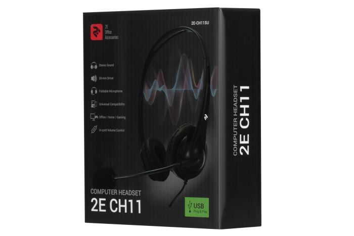 Гарнитура ПК стерео On-ear 2E CH11 USB, omni-mic, 2м, черный
