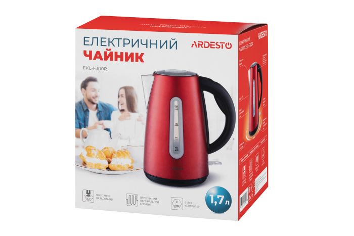 Электрочайник Ardesto 1.7л, Strix, металл, красный