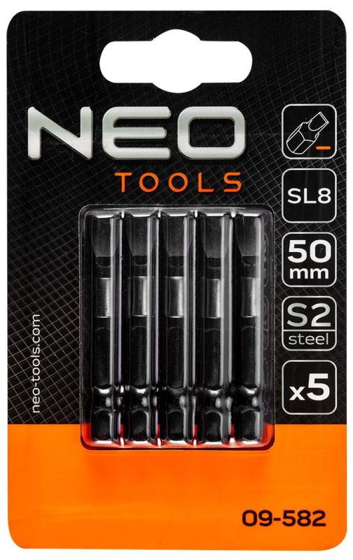 Биты Neo Tools, набор 5шт, 1/4", ударные, SL8х50мм, сталь S2