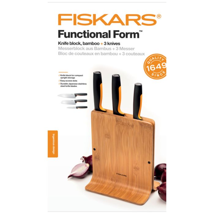 Набор ножей Fiskars Functional Form, бамбуковая подставка, 3шт, нержавеющая сталь, пластик, бамбук, черный