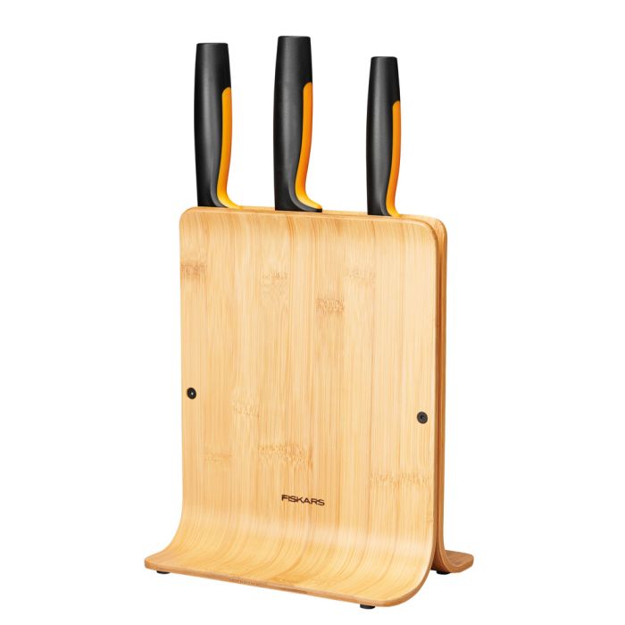 Набор ножей Fiskars Functional Form, бамбуковая подставка, 3шт, нержавеющая сталь, пластик, бамбук, черный
