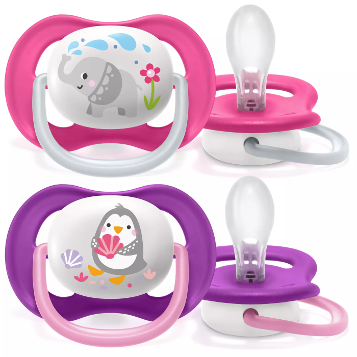 Пустышка Avent Ultra Air 6-18мес, ортодонтическая, 2шт, Animal для девочек