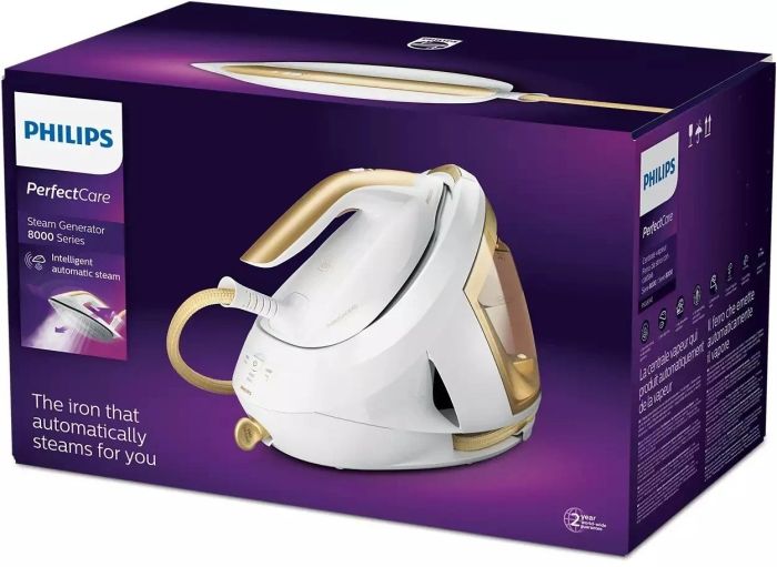 Праска-парогенератор Philips PerfectCare 8000 Series, 2700Вт, 1800мл, паровий удар -600гр, постійна пара - 170гр, нерж. сталь, біло-золотий