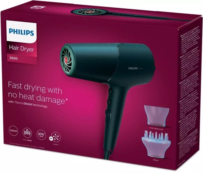 Фен Philips 5000 Series, 2300Вт, режимов-3, дифузор, иониз-я, хол. обдув, темно-синий