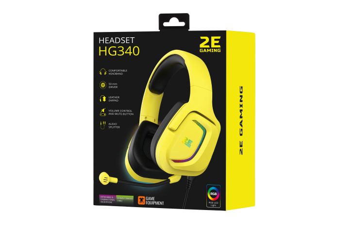 Гарнитура игровая 2E GAMING HG340, mini-jack/dual 3.5mm, RGB, 2м, жёлтый