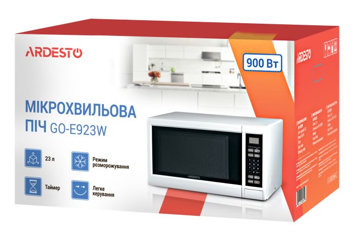 Микроволновая печь ARDESTO, 23л, электр. управл., 900Вт, дисплей, откр.кнопкой, белый