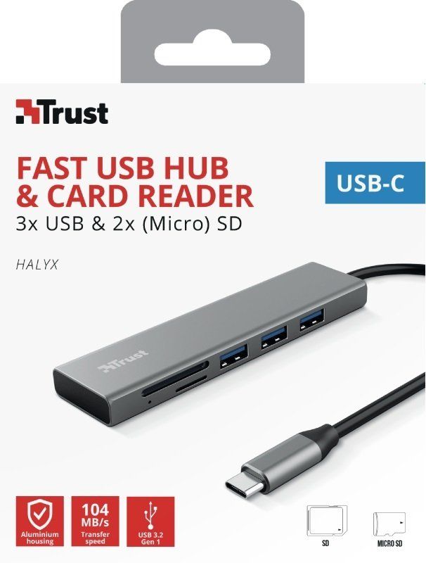 Хаб Trust Halyx USB-С > 3xUSB-А 3.2/SD/microSD, Алюминий, 0.15м, Серый