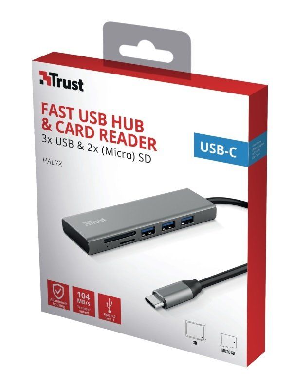 Хаб Trust Halyx USB-С > 3xUSB-А 3.2/SD/microSD, Алюминий, 0.15м, Серый