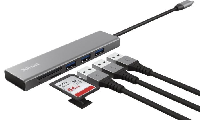 Хаб Trust Halyx USB-С > 3xUSB-А 3.2/SD/microSD, Алюминий, 0.15м, Серый