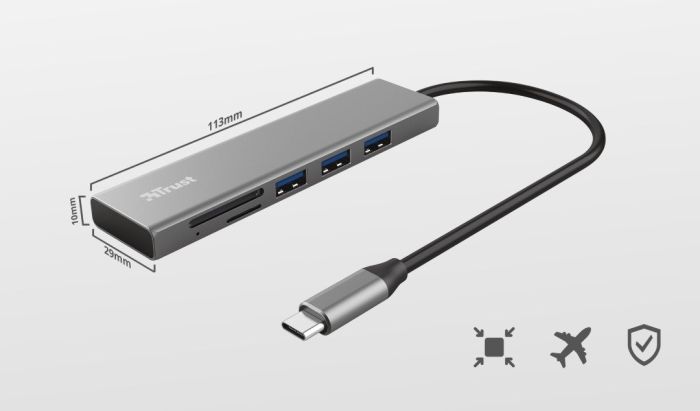 Хаб Trust Halyx USB-С > 3xUSB-А 3.2/SD/microSD, Алюминий, 0.15м, Серый