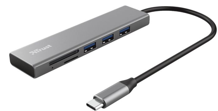 Хаб Trust Halyx USB-С > 3xUSB-А 3.2/SD/microSD, Алюминий, 0.15м, Серый