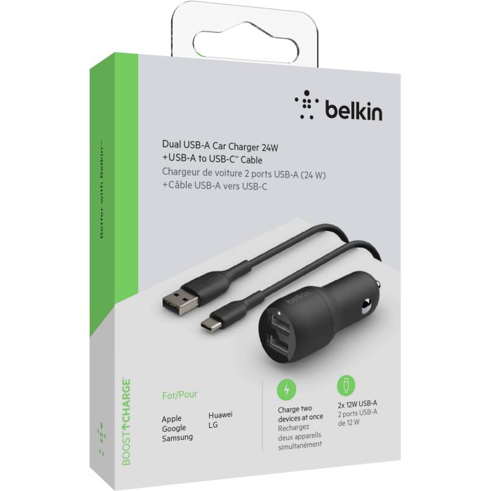 Зарядное устройство автомобильное Belkin 24Вт 2хUSB-A, кабель USB-A > USB-C 1м, черный
