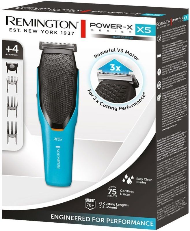 Машинка для стрижки Remington Power X Series X5, мережа+акум., роторний мотор, насадок-4, сталь, чорно-бірюзовий