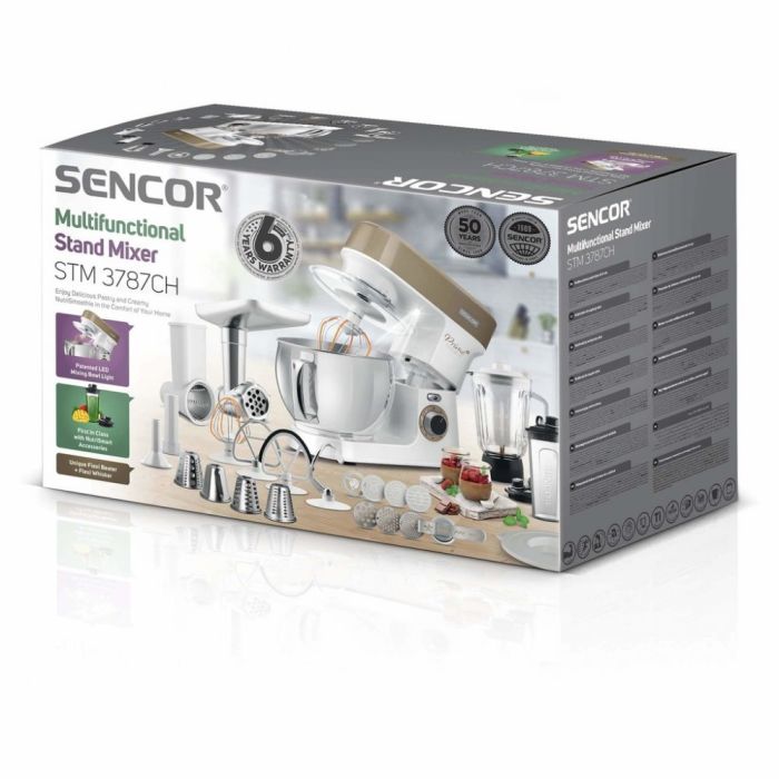 Кухонная машина Sencor 1200Вт, чаша-металл, корпус-пластик, насадок-19, подсветка, коричнево-белый