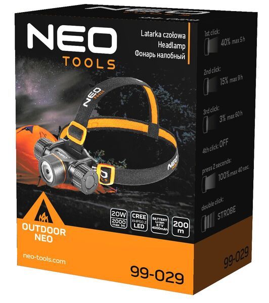 Ліхтар налобний акумулятор/батарейки Neo Tools, 4000мА·год або ААх3, 2000лм, 20Вт, 5 функцій освітлення, IPX4