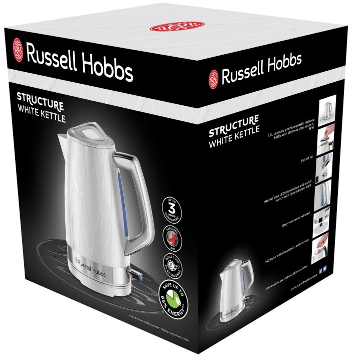 Електрочайник Russell Hobbs Structure, 1.7л, пластик, підсвічування, біло-сріблястий