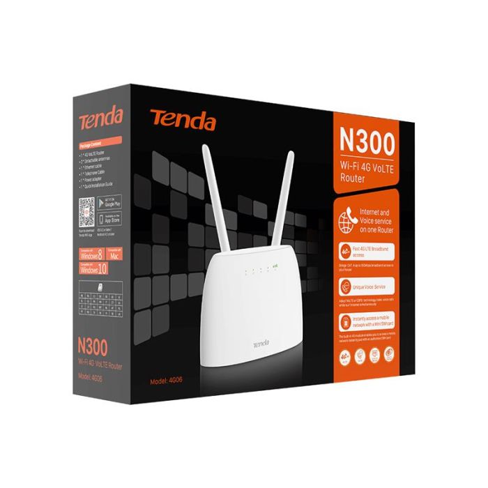 Маршрутизатор TENDA  N300, 4G/LTE, 1xFE LAN, 1xFE LAN/WAN, 1xRJ11, Cлот для SIM-карты Tenda 4G06