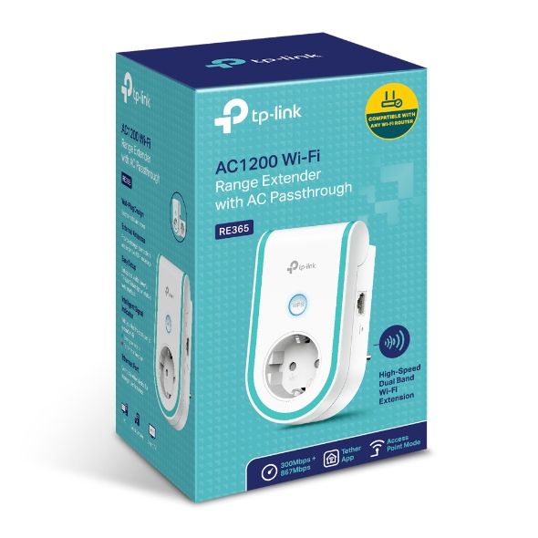 Расширитель покрытия WiFi TP-LINK  AC1200б 1хFE LAN, MESH, Розетка TP-Link RE365