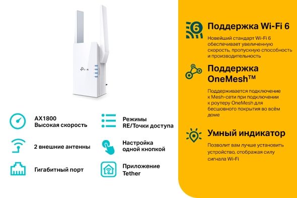 Розширювач покриття WiFi TP-LINK  AX1800, 1хGE, MESH TP-Link RE605X